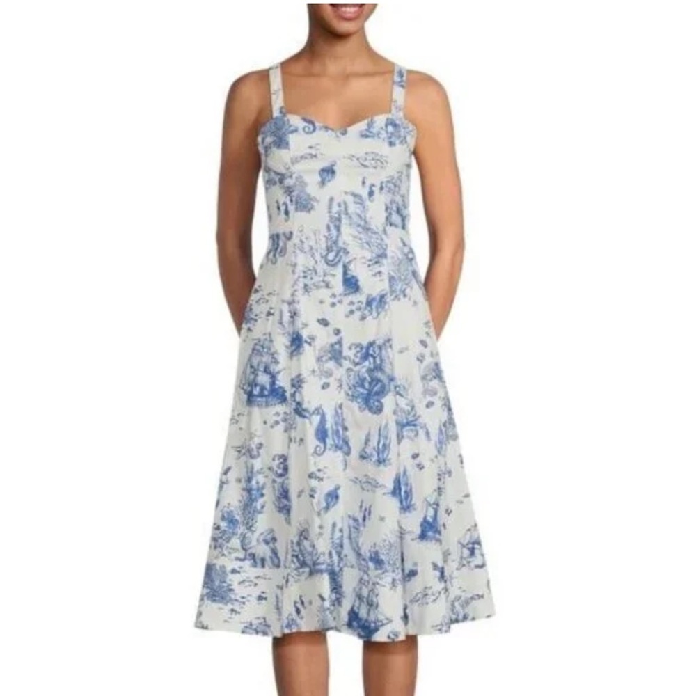 Avec Les Filles Toile Nautical Print Cotton Blend Midi Dress Size 8 Mermaid Sea